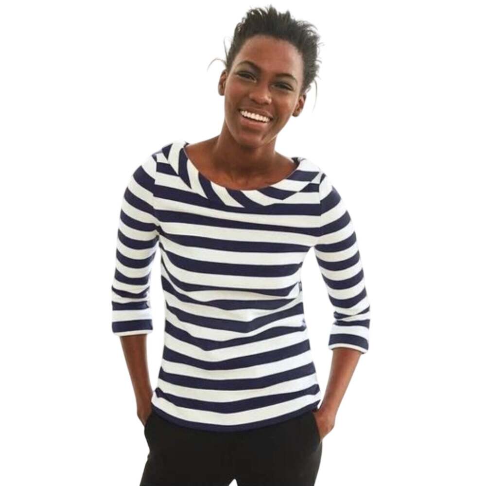 BODEN Women’s Sarah Ottoman Navy & White Striped Preppy Collared Top